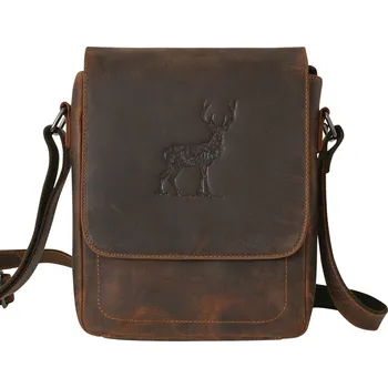 Hnědá pánská střední taška z broušené kůže s jelenem