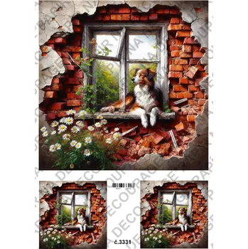 Výtvárné potřeby Rýžový a soft papír na decoupage - Pes v cihlovém okně - KB03331 Materiál: Soft, Rozměr: A4