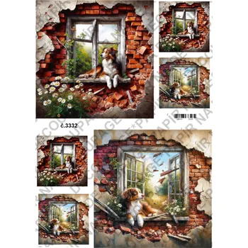 Výtvárné potřeby Rýžový a soft papír na decoupage - Pes v cihlovém okně - KB03332 Materiál: Rýžový papír, Rozměr: A4