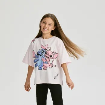 Dívčí tričko Reserved - Triko Lilo a Stitch - pastelově růžová - 052HU-03X - 052HU-03X-116