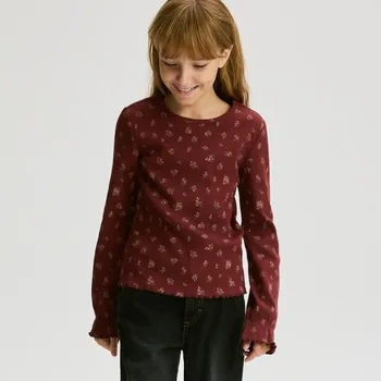 Dívčí tričko Reserved - Žebrované tričko s květinami - kávová - 358FT-84X - 358FT-84X-116