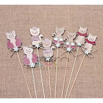 Party dekorace Zápich kočka dřevěná (8 ks) - barevná (mix)