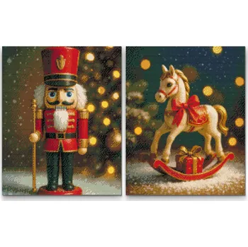 Diamantové malování - Louskáček a houpací koník (sada 2 pláten) Velikost: 2ks 30x40cm, Rámování: Pouze srolované plátno, Diamanty: Čtvercové