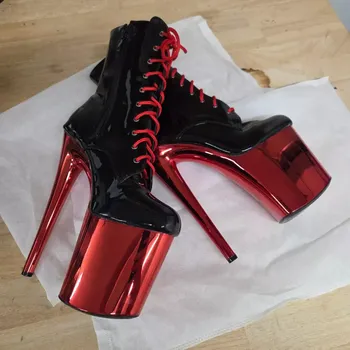 Dámské kozačky Černé lakované kozačky s červenou platformou a šněrováním