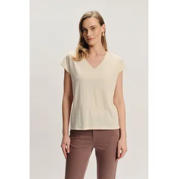 Dámské oblečení Greenpoint bavlněné triko lemované krajkou krémové Velikost: XL
