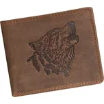Hnědá broušená kožená peněženka s motivem vlka L1172