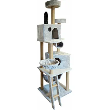 Chovatelství Škrabadlo pro kočky 187 cm s domečky, odpočívadly a houpacím pelíškem - světle šedé