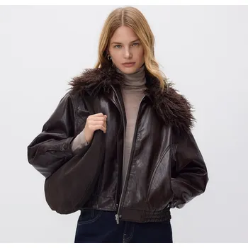 Reserved - Bunda s kožešinovým límcem - tmavě hnědá - 034HV-89X - 034HV-89X-S