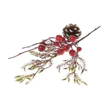 umělá květina Umělá větvička s jehličím, červenými bobulemi a šiškou, 48/384