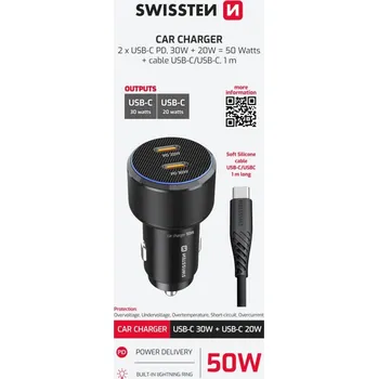 Rychlonabíječka do auta Swissten 2x USB-C PD 50W + datový kabel USB-C 1 m černá