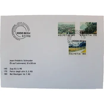 Poštovní známka ŠVÝCARSKO FDC 1655/7, výplatní, obrázky se Švýcarska, r. 1998