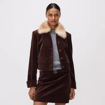 Reserved - Sako s límcem z umělé kožešiny - tmavě hnědá - 124EU-89X - 124EU-89X-XS