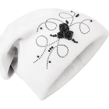 Pokrývka hlavy Dámská pletená čepice s růžičkami a kamínky 7100374-4 , bílé barvy