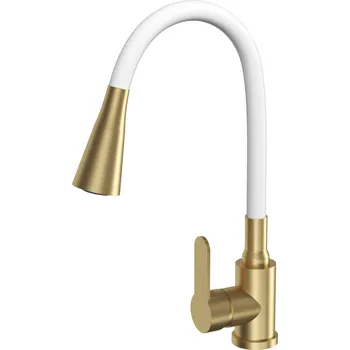 Vodovodní baterie Gamma Flex 3000, stojánková dřezová baterie s flexibilním ramenem, bílá-zlatá matná, GMA-BFX-3000WHGD