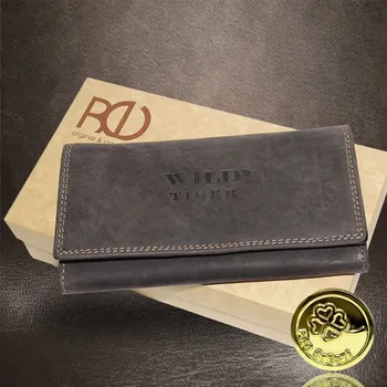 Peněženka Dámská hnědá kožená peněženka TIGER Leather s monogramem | Osobní dárek z pravé kůže Vyberte variantu: + ražba monogramu (A) Okrasně Monotype Cors. + Akce - zlatá mince Pro štěstí ZDARMA