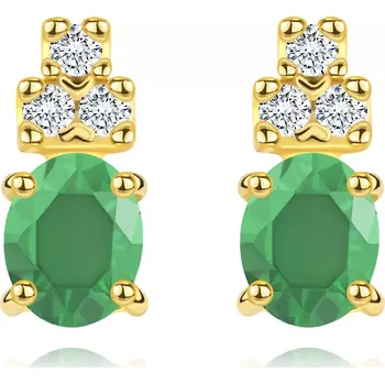 Náušnice Náušnice ve žlutém 14K zlatě - oválný zelený smaragd, tři čiré zirkonky