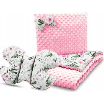 Dětská deka Dětská deka do kočárku s polštářkem a motýlkem - BABYMAM PREMIUM set 3v1 - Květy v zahradě s růžovou minky