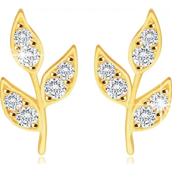 Náušnice Diamantové náušnice ze 14K zlata - stonek s lístky, blýskavé čiré brilianty