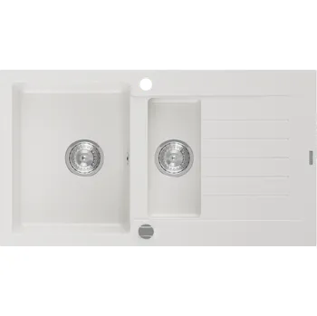 Granitový dřez Mexen Matias granitový dřez 1,5-komorový s odkapávačem 900 x 505 mm, bílý, sifon chrom - 6502901505-20 Granitové dřezy