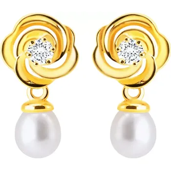 Náušnice Diamantové náušnice ve 14K žlutém zlatě - briliant, květ s okvětními lístky, bílá sladkovodní perla