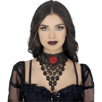 Náhrdelník Gotický choker náhrdelník s černou a červenou růží, krajkový, pro čarodějnici na Halloween