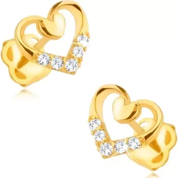 Náušnice Diamantové náušnice ve 14K zlatě - obrys srdce s menším srdíčkem a brilianty