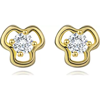 Náušnice Diamantové náušnice ze žlutého 14K zlata - kulatý čirý briliant v kontuře trojlístku