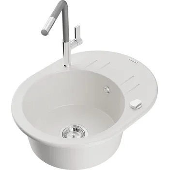 Kuchyňský dřez MEXEN/S - Kevin granitový dřez 1-miska s odkapávačem včetně baterie Flora, bílá 6517-20-670401-06