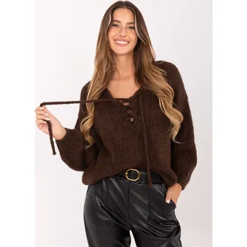 Dámský svetr Hnědý dámský svetr s vázáním MI-SW-0919.18-brown Velikost: ONE SIZE