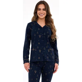 Dámské noční prádlo Cornette Tmavě modré dámské dlouhé pyžamo se zlatým vánočním potiskem 482/447 Gold dł/r Christmas S-2XL damska rozpinana Velikost: L, Barva: Tmavě modrá