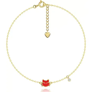 Náramek Náramek ze žlutého 14K zlata, přívěsky - červená kočička, čirý zirkon