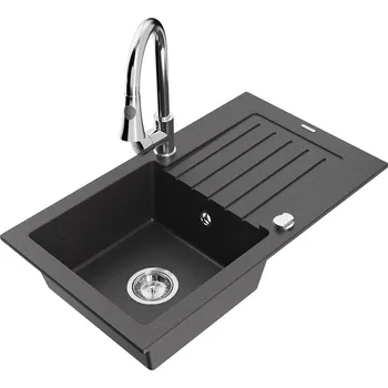 Granitový dřez MEXEN/S - Pablo granitový dřez 1 s odkapávačem včetně baterie Elia, černá kropenatá 6510-76-670101-00