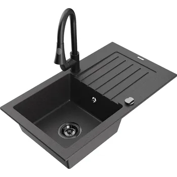 Kuchyňský dřez MEXEN/S - Pablo granitový dřez 1 s odkapávačem včetně baterie Elia, černá kropenatá 6510-76-670101-70-B