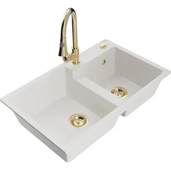 Granitový dřez MEXEN/S - Tomas granitový dřez 2-bowl včetně baterie Elia, bílá 6516-20-670101-50