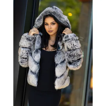 Dámská casual bunda Luxusní dámská bunda z pravé kůže a kožešiny s kapucí ELIZA šedá, VELIKOST S