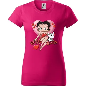Dámské tričko levne-damske-bavlnene-tricko-potisk-Betty-Boop-srdce Velikost dámská trička Basic: XS šířka 39, délka 57, Odstín dámské tričko Basic: Azalkové