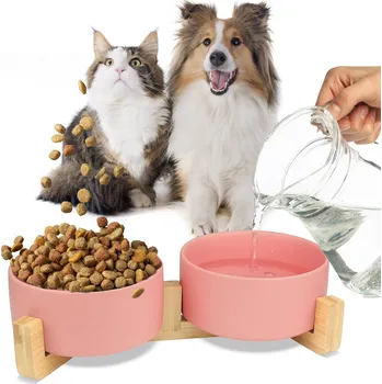 Miska pro psa Dvojitá keramická miska pro psy a kočky s dřevěným stojanem, růžová 2x400 ml