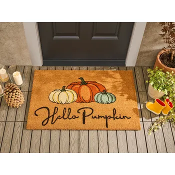 Rohožka Rohožka z přírodního kokosu s gumovým spodkem 60 x 90 cm protiskluzová dekorace tradiční uvítací text dýně Beliani