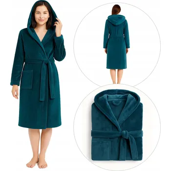 Dámský župan DÁMSKÝ ŽUPAN měkký, teplý, vázaný, tyrkysový s kapucí, dlouhý rukáv *XS