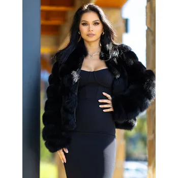 Dámská casual bunda Luxusní černá dámská bunda z pravé kůže a kožešiny DARA, VELIKOST 2XL