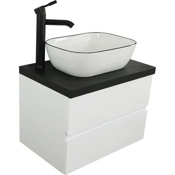 Koupelnový nábytek BÍLÁ LAKOVANÁ SKŘÍŇKA POD UMYVADLO | 60 CM | + DESKA HPL ČERNÁ KŘIŠŤÁL