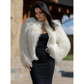 Dámská luxusní kožešinová bunda z pravé mongolské ovce – bílá, VELIKOST 3XL