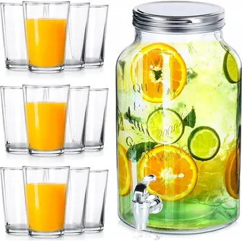Sklenice Dóza na nápoje skleněná nádoba s kohoutkem + sklenice 6,2L