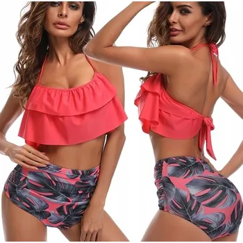 Dámské plavky PLAVKY BIKINI VOLÁNEK ZAKRÝVAJÍCÍ VYSOKÝ PAS KALHOTEK / XL