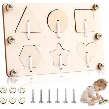 Dřevěná hračka DŘEVĚNÁ MANIPULAČNÍ DESKA TVARY ŠŇŮRKY ŠROUBKY Montessori DIY