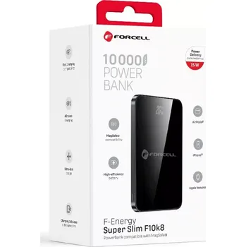 Powerbanka Powerbanka Forcell F-Energy F10K8 MagSafe 10 000 mAh - černá (Bezdrátová powerbanka Forcell F-Energy SuperSlim F10k8 - 10000 mAh, MagSafe, PD3.0, QC4.0, černá, LED displej)