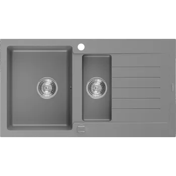 Granitový dřez Mexen Matias dřez z umělého kamene 1,5-komorový s odkapávačem 900 x 505 mm, šedý, sifon chrom - 6502901505-71 Granitové dřezy