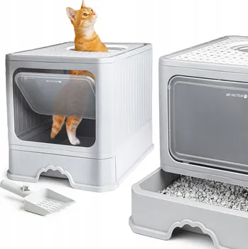 Toaleta pro kočku Toaleta pro kočky Be-Active.pl šedá uzavřená s výsuvným šuplíkem a lopatkou