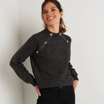 Dámský svetr Pulovr s knoflíky, hladký vzor a lesklé vlákno antracitový melír 52