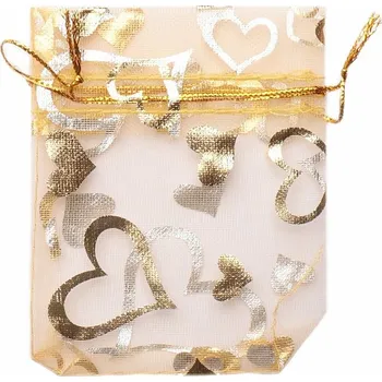 Dárková taška Dárkový sáček organza 7 x 9 cm zlatý se srdíčky 7 x 9 cm
